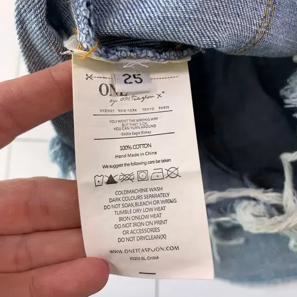 One Teaspoon Shorts Womens 25 Blue Bandits High Rise Distressed Raw Hem Ripped - Picture 3 of 10